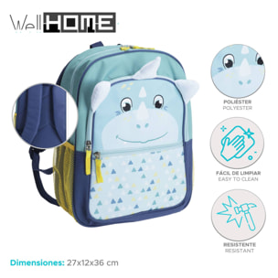 Well home mochila infantil diseño dino azul 27x12x36cm