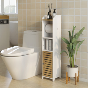 Armario de Baño Moderno Columna Auxiliar de Baño Mueble de Suelo de Baño con Estantes 1 Puerta y Portarrollos de Papel para Dormitorio Sala 18x20x90 cm Blanco y Roble