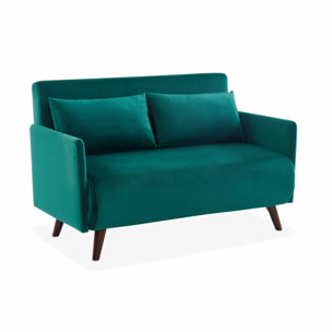 Canapé convertible en velours - Panam - 2 places scandinave. pieds bois foncé. vert. banquette. dossier inclinable