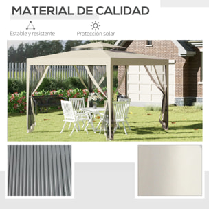 Carpa de Jardín 3x3 m Cenador Desmontable de Exterior Gazebo con 4 Mosquiteras Laterales Techo Doble y Marco Metálico Anti-UV Impermeable Pabellón para Terraza Patio Beige