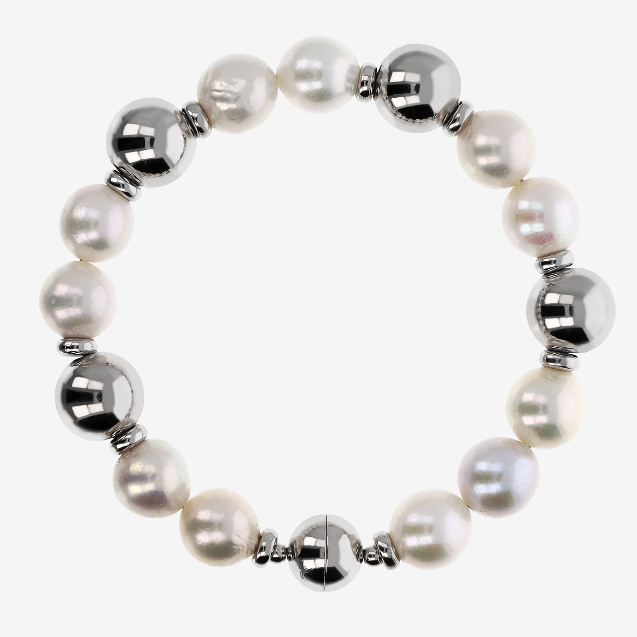 PERLAVIVA - Bracciale con Perle Ming d'Acqua Dolce Bianche Ø 10/11 mm in Argento 925 placcato Oro Bianco 18Kt