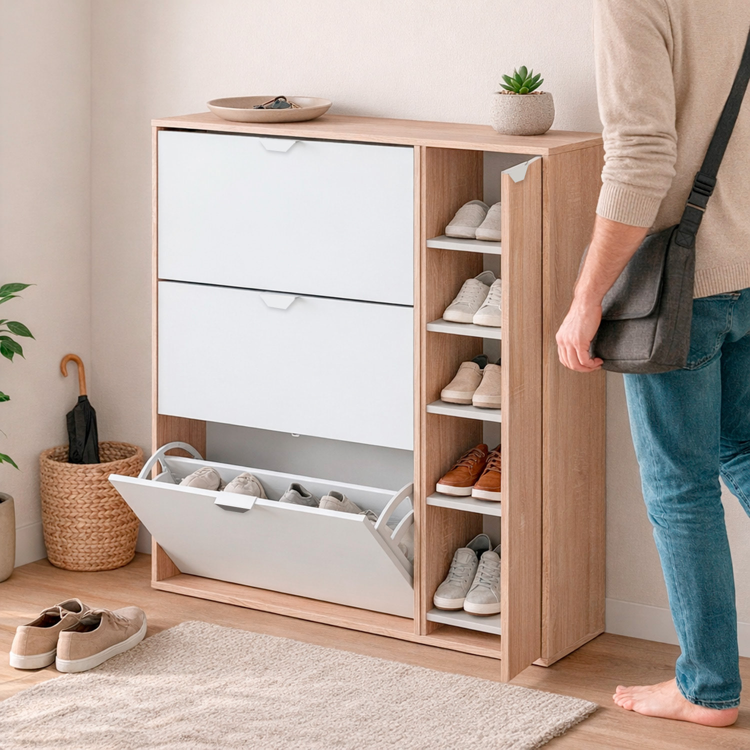 Multiuso 3 Ribalte Con Anta Laterale A 5 Ripiani Regolabili Salvaspazio Per Ingresso Fino A 30 Paia Di Scarpe 112 x 105 x 24 Cm Rovere E Bianco