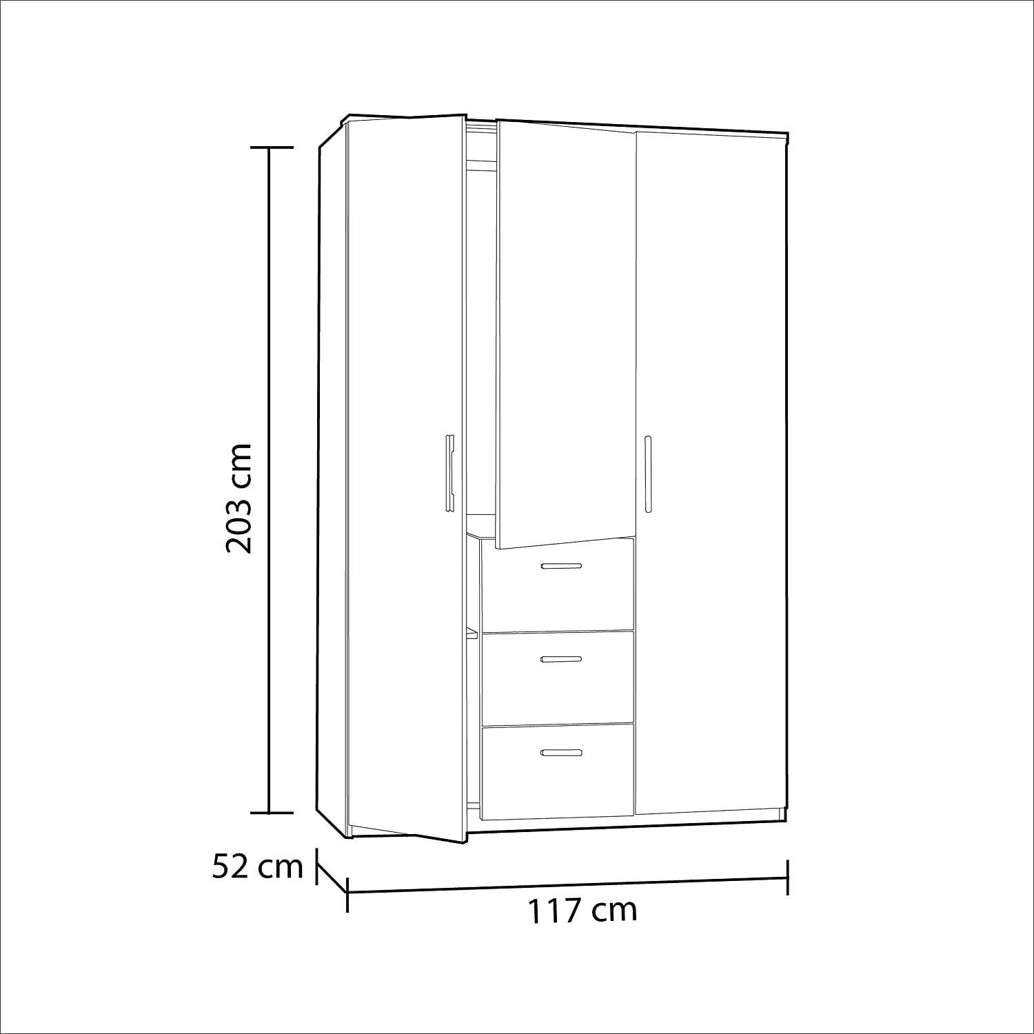 Guardaroba Providence, Armadio per camera da letto a 3 ante battenti, Mobile con barra appendiabiti e 3 ripiani, cm 117x52h203, Bianco