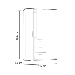 Guardaroba Providence, Armadio per camera da letto a 3 ante battenti, Mobile con barra appendiabiti e 3 ripiani, cm 117x52h203, Bianco