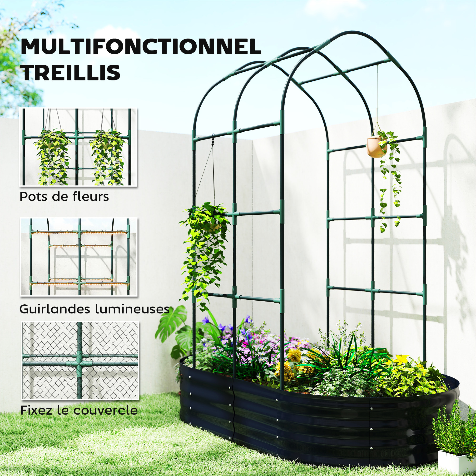 Jardinière avec treillis - fond ouvert, gants inclus - métal - 160x90x180cm - gris foncé