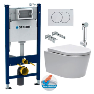 Pack WC sans bride SAT, fixations invisibles + Abattant softclose + Bâti support Geberit UP100 + Plaque + Douchette Grohe