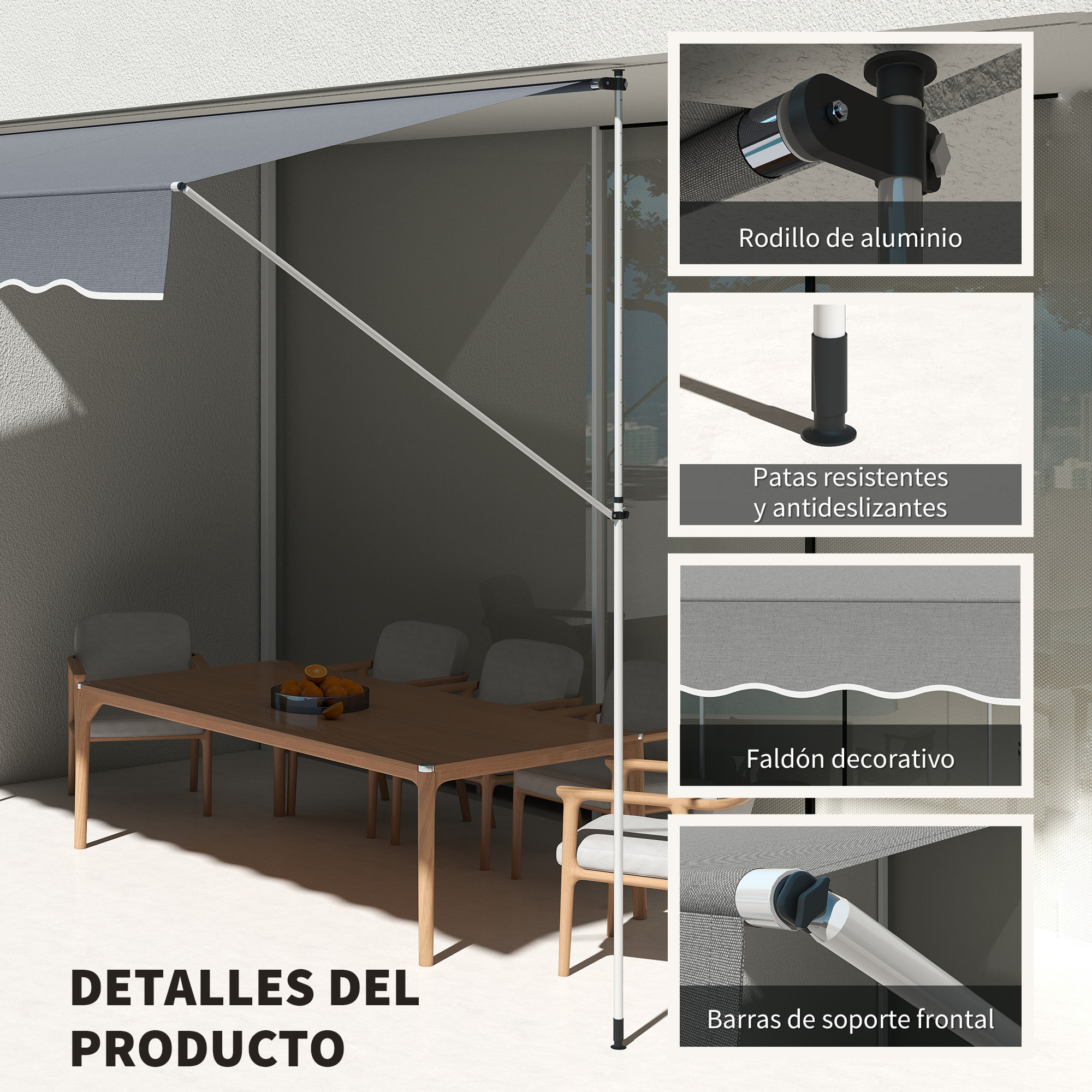 Toldo Manual Retráctil 4x1,2 m, Toldo Exterior Terraza Enrollable, Altura Ajustable 170-280 cm, con Manivela, Anti-UV e Impermeable, Sin Taladro, para Balcón, Jardín, Gris Oscuro