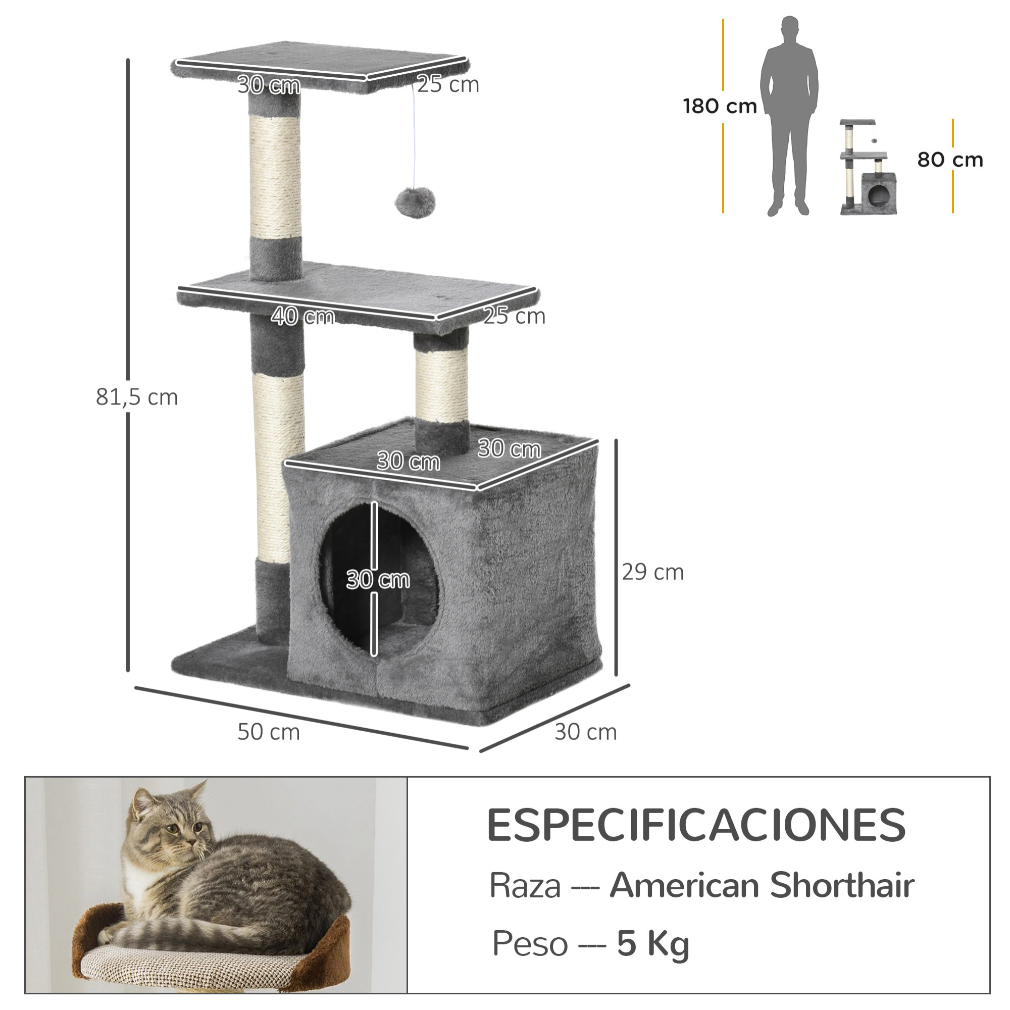 árbol Rascador para Gatos de Felpa y Sisal 50x30x80cm Gris