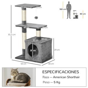 árbol Rascador para Gatos de Felpa y Sisal 50x30x80cm Gris