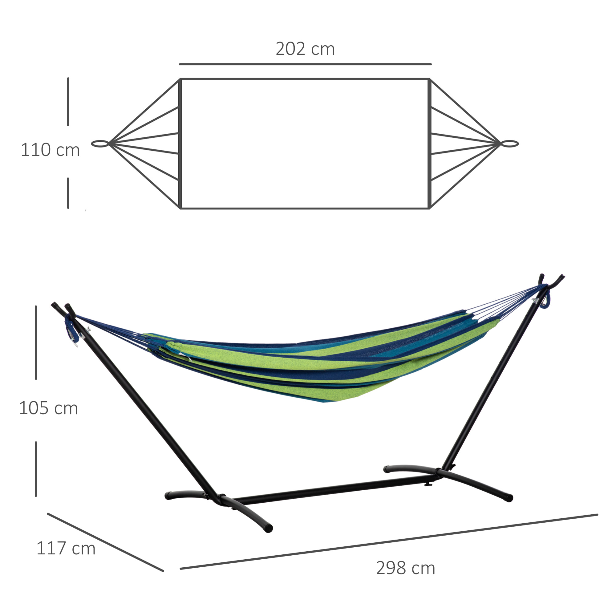 Hamaca con Soporte 298x117 cm Hamaca de Camping con Bolsa de Transporte Portátil Altura Ajustable Carga 120 kg para Patio Terraza Raya Verde