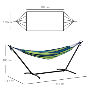 Hamaca con Soporte 298x117 cm Hamaca de Camping con Bolsa de Transporte Portátil Altura Ajustable Carga 120 kg para Patio Terraza Raya Verde