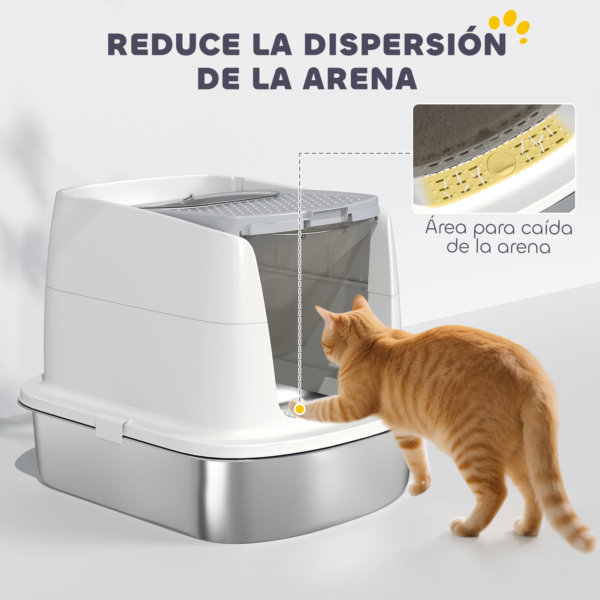 Arenero para Gatos de Acero Inoxidable L, Caja de Arena para Gatos con Tapa Abatible, Pala Metálica, Bolsa Desodorizante, Fácil de Limpiar, Antifugas, Blanco