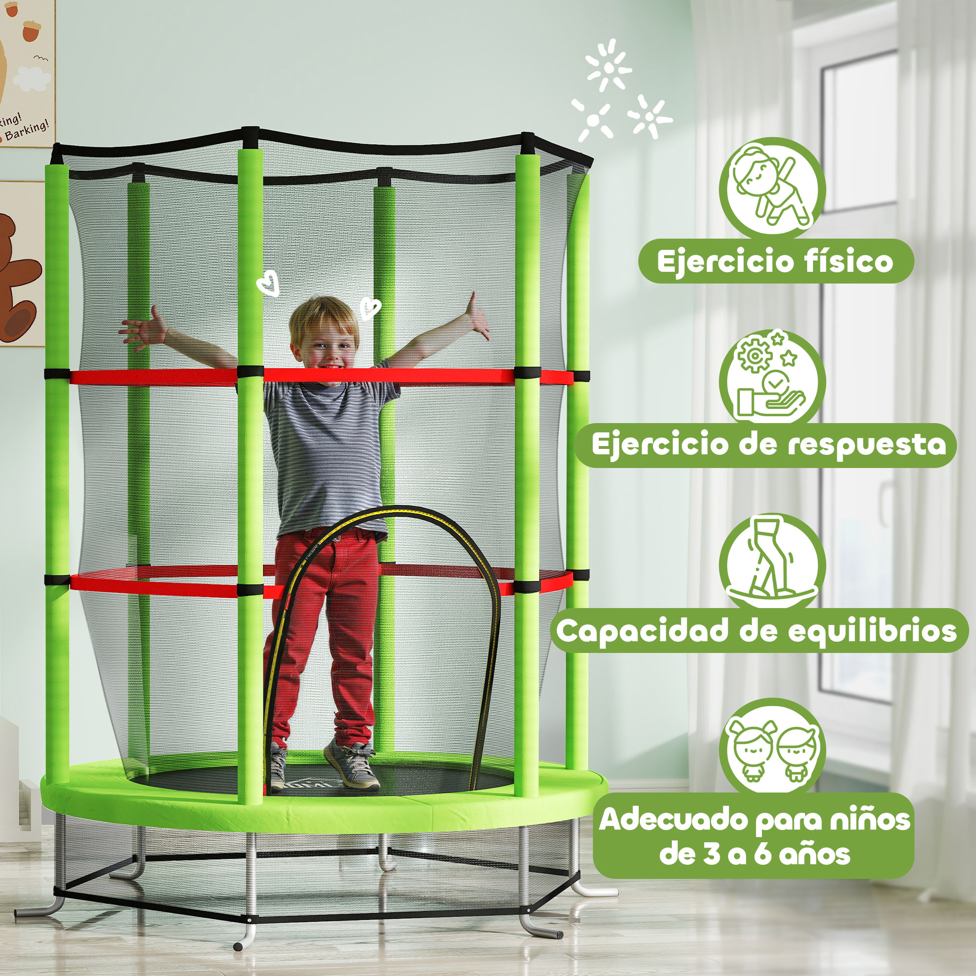 Cama Elástica Infantil Ø140x190 cm Trampolín para Niños de 3-6 Años con Red de Seguridad Carga 45 kg para Interior Verde