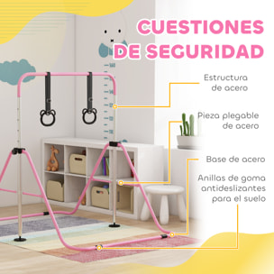 Barra de Gimnasia para Niños con Altura Ajustable en 5 Niveles y Anillos, Barra de Entrenamiento de Gimnasia Plegable en Casa, Rosa