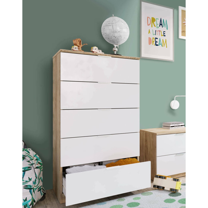 Cassettiera Armenia, Settimanale a 5 cassetti, Mobile Comò per camera da letto, Settimanale moderno, 60x40h110 cm, Rovere e Bianco