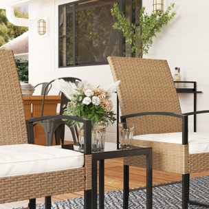 Conjunto de Jardín Exterior de 3 Piezas con Respaldo Ajustable Juego de 2 Sillas y Mesa de Ratán con Cojines Acolchados y Encimera de Vidrio Templado para Balcón Terraza Beige y Blanco