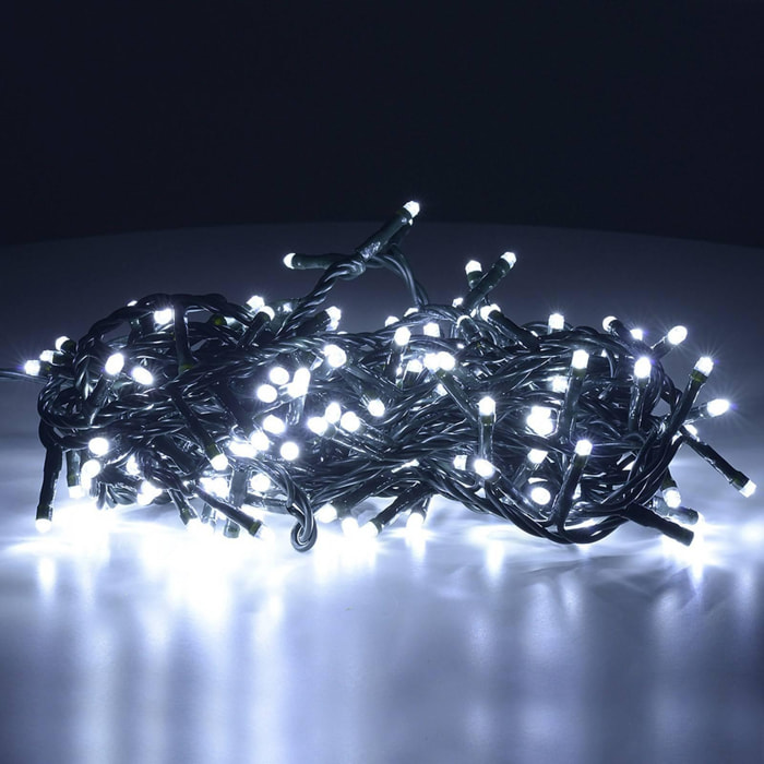 Stringa luci 180 LED decorative da esterno ed interno, 8 giochi luci, Cavo luci natalizie, Decorazioni Natale, Filo Verde 8,95 m, Luci bianche fredde