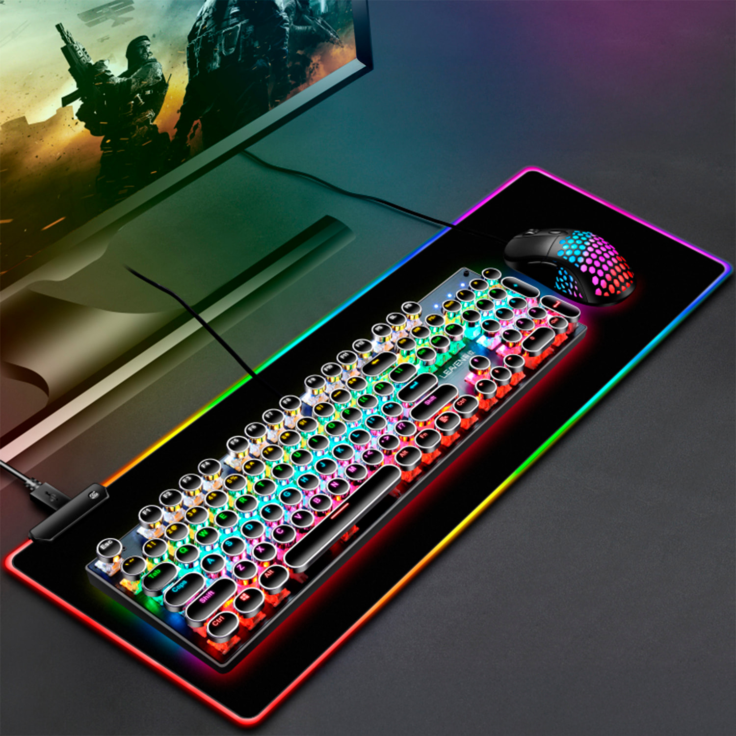 Alfombrilla gaming XXL con iluminación RGB, superficie antideslizante y conexión USB, ideal para teclado y ratón.