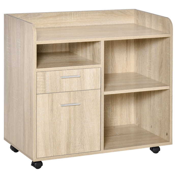 Vinsetto Armario para Impresora Carro Multifuncional de Oficina con 3 Compartimentos 2 Cajones para Archivos Estante Ajustable Ruedas con 2 Frenos 80x40x72 cm Roble