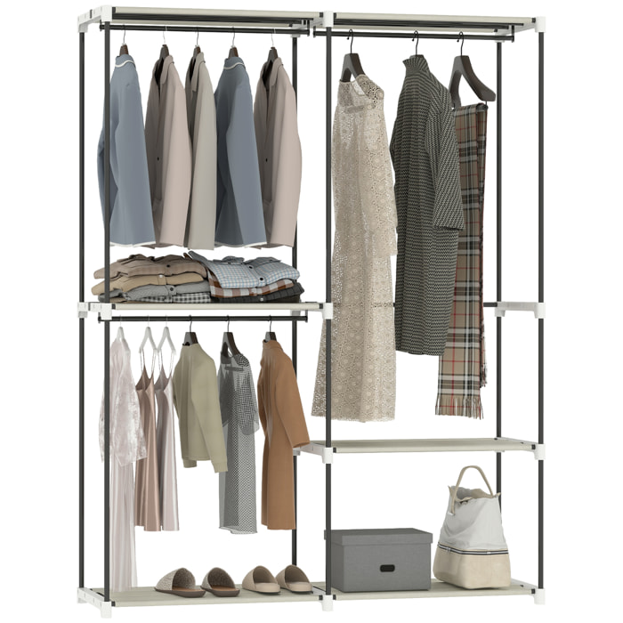 Armario de Ropa, Perchero, 142x43x185 cm, Armario Abierto con 4 Estantes de Tela, 3 Barras para Colgar, Marco de Metal, para Dormitorio, Salón, Vestidor, Crema