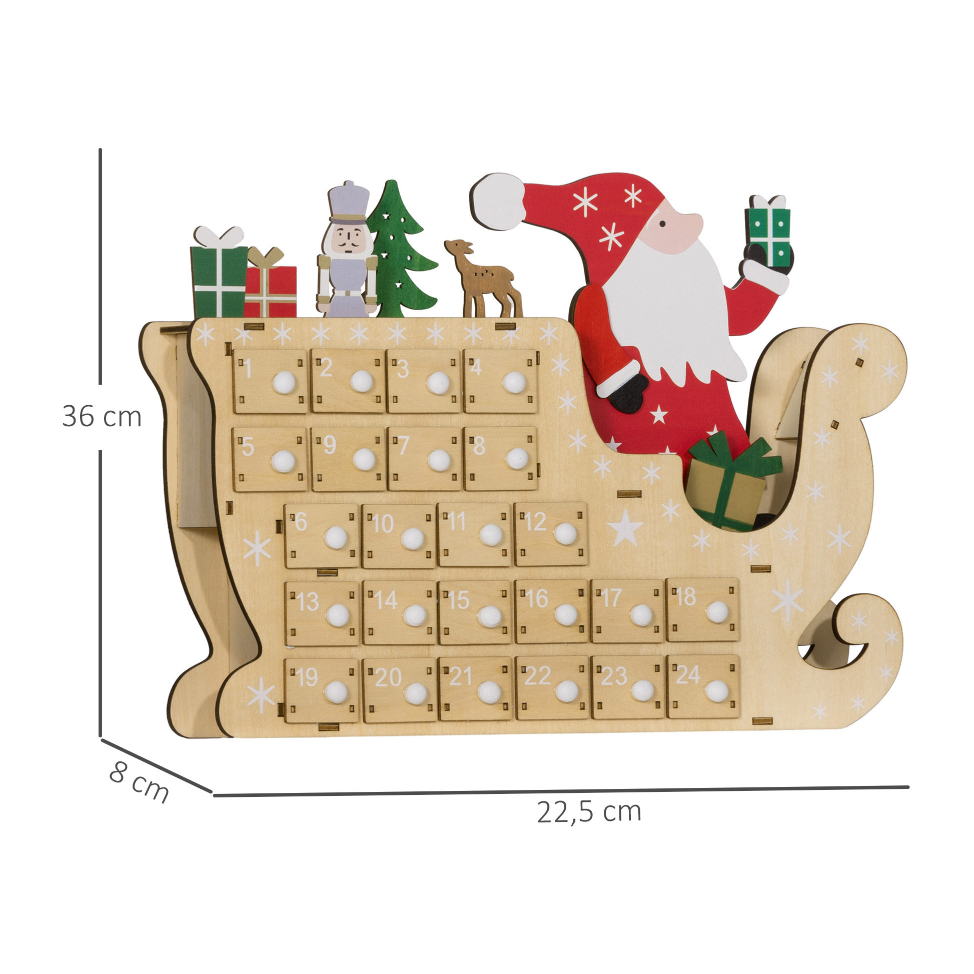 Calendario de Adviento de Madera con 24 Cajones, Calendario de Adviento de Navidad Reutilizable para Rellenar, Decorado con Papá Noel en su Trineo, Decoración Navideña, 22,5x8x36 cm, Natural