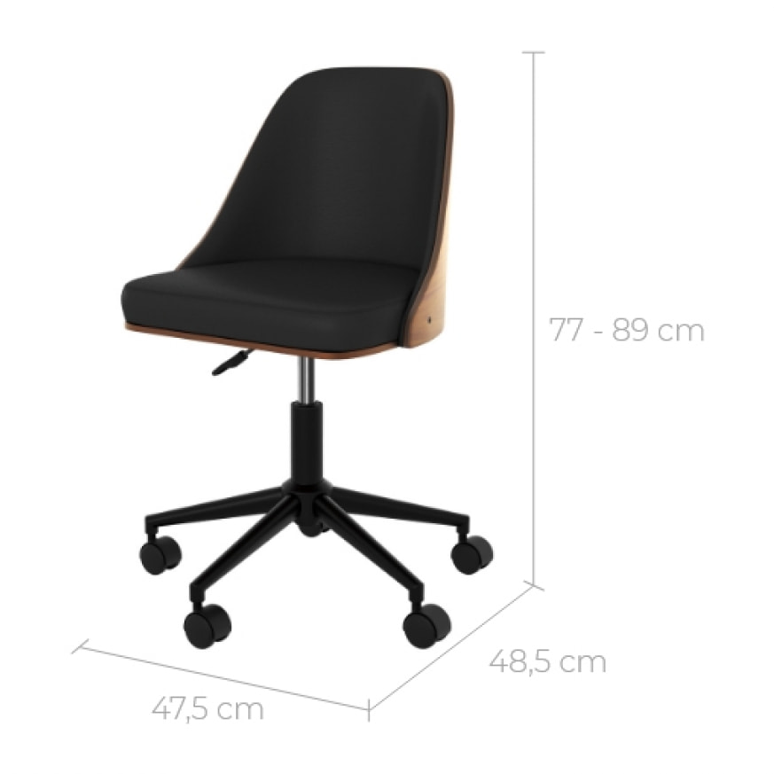 Chaise de bureau pivotante sur roulettes en bois foncé et PU noir - Georges