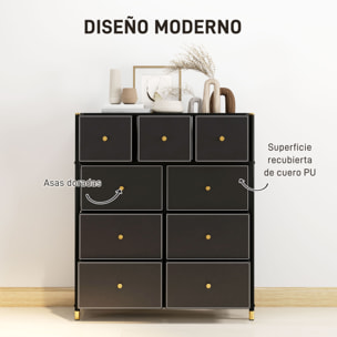 Cómoda para Dormitorio Cajonera de Tela con 9 Cajones Plegables con Frentes de PU y Marco de Acero Cajonera para Dormitorio Salón Negro