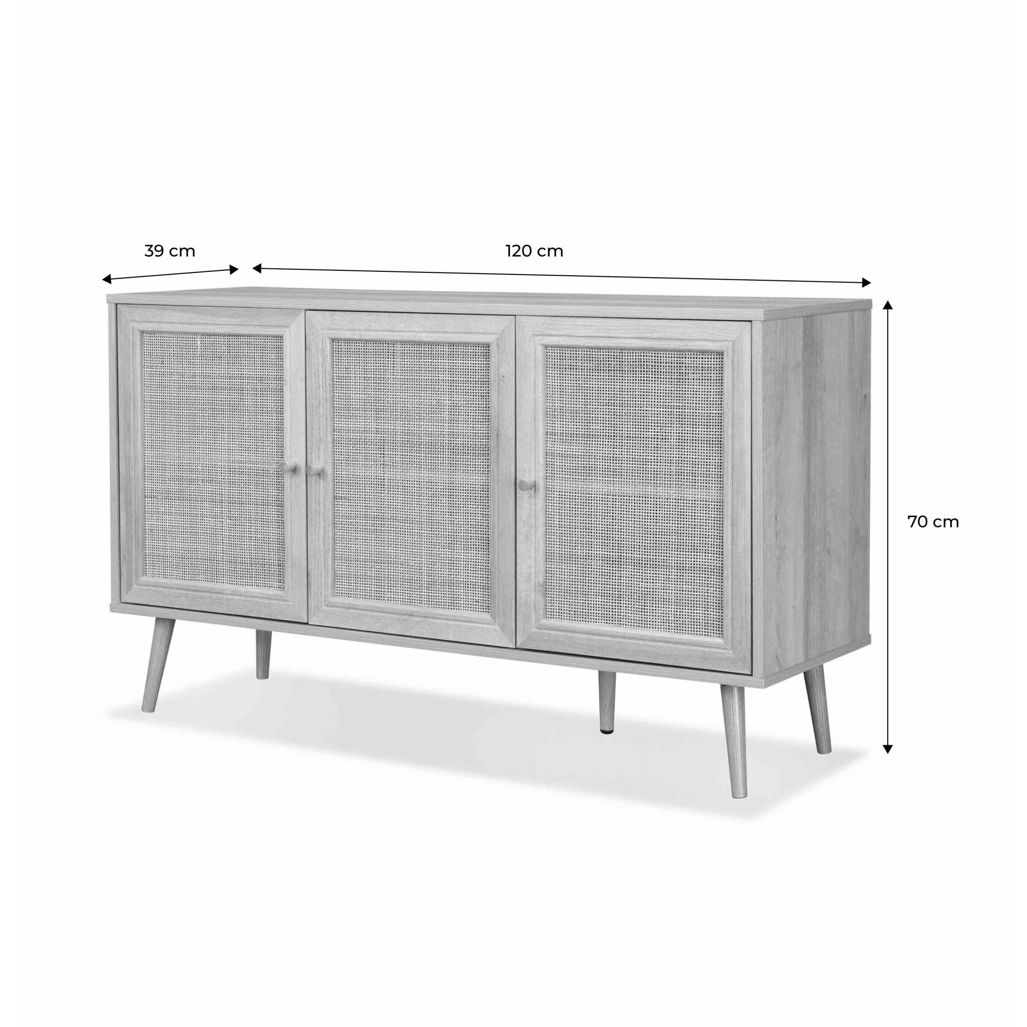 Buffet de rangement en cannage 120x39x70cm  - Bohème - 2 niveaux. 3 portes. pieds scandinaves. buffet bas