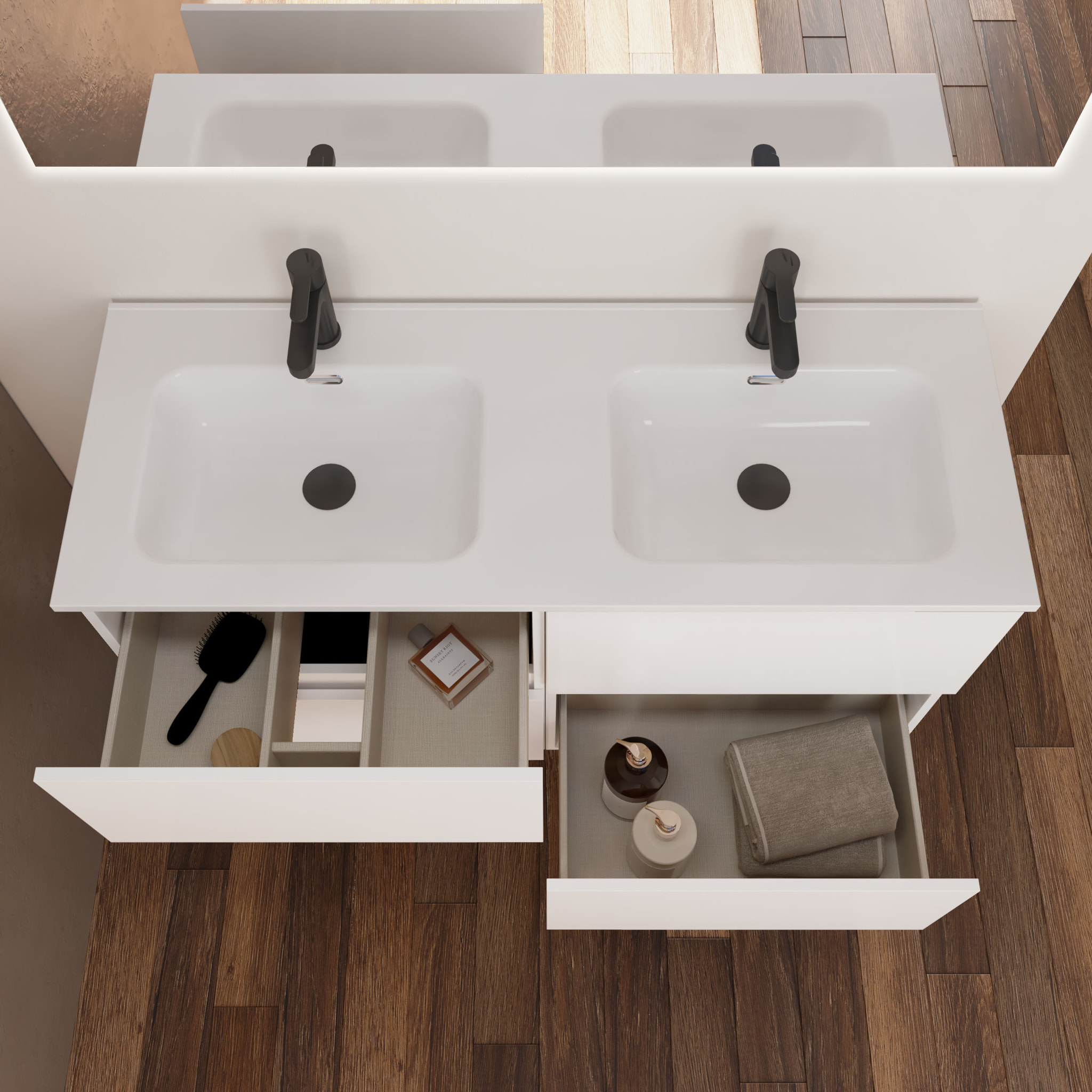 Conjunto de Baño Kaji | Mueble de Baño Suspendido | 140 cm Blanco | Cuatro Cajones | Lavabo Encastrado | No incluye Espejo | Alday