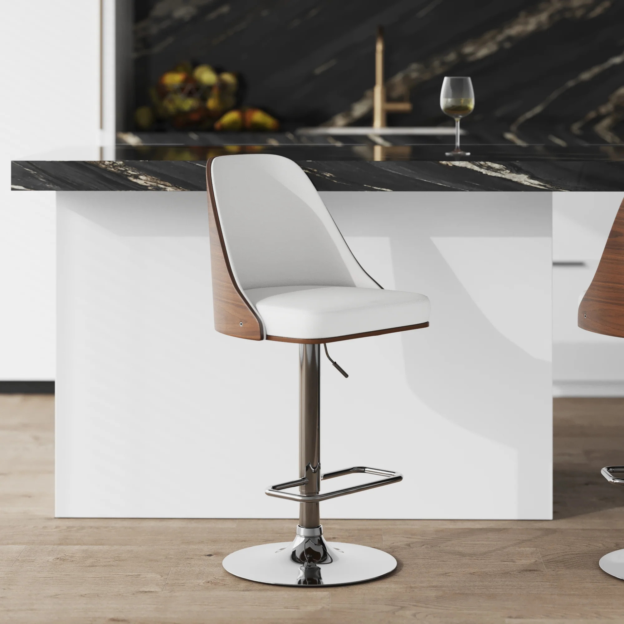 Chaise de bar réglable et pivotante en bois foncé et PU blanc 56/77 cm - Georges