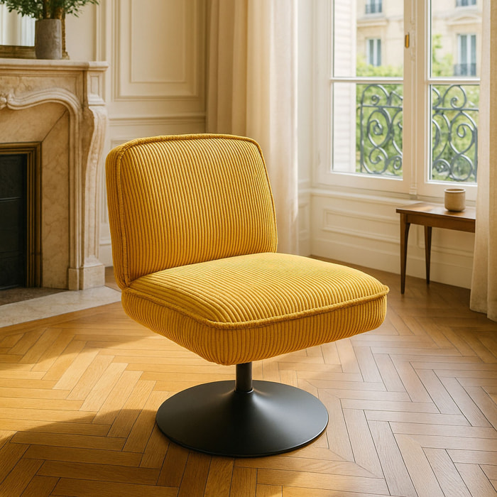 Fauteuil pivotant en velours jaune et pied en métal noir FUNKY