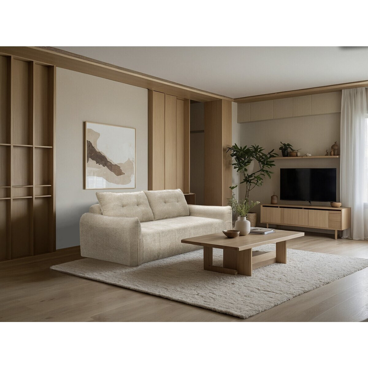 Canapé droit en tissu texturé "Silvano" - 3 places - Beige