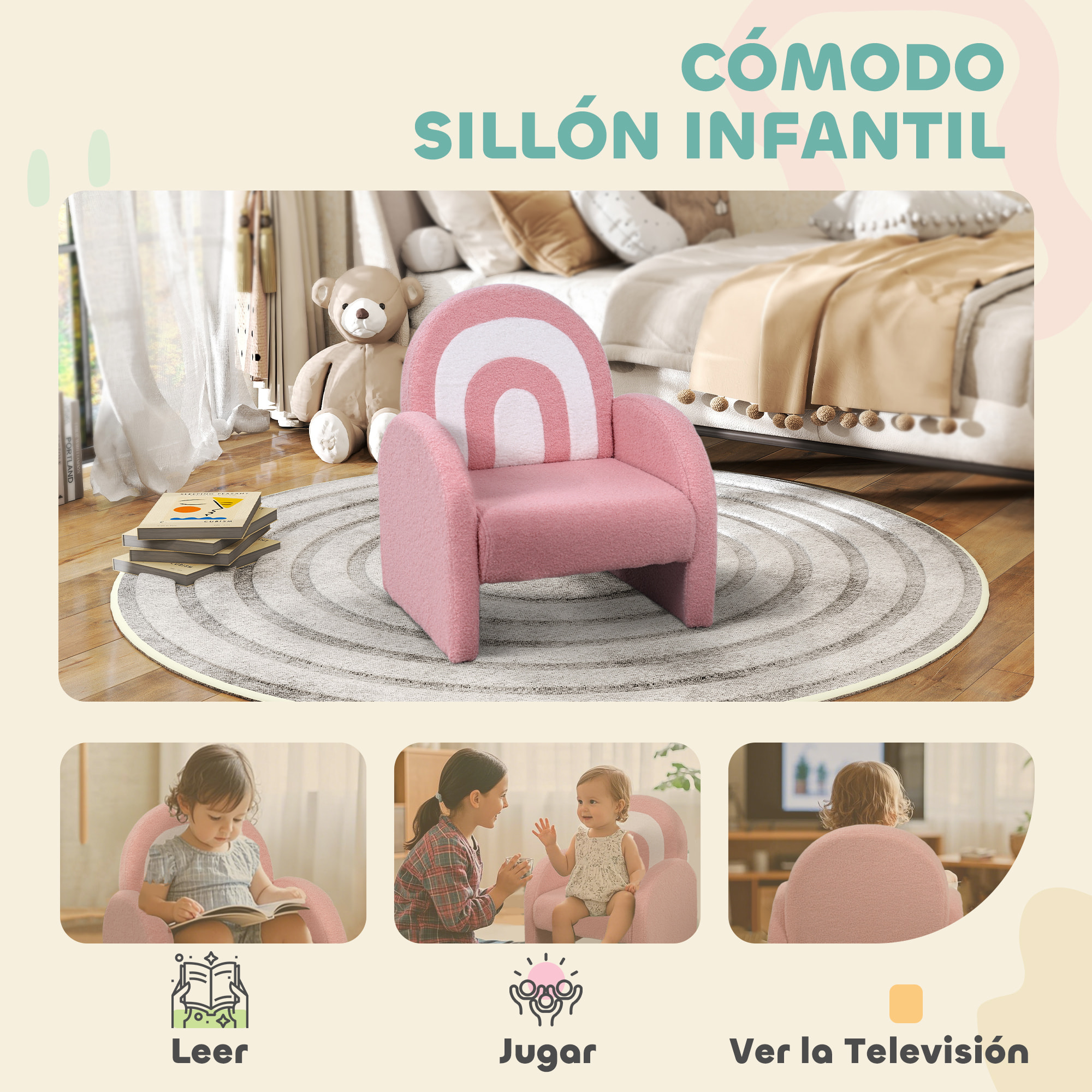 Sillón Infantil con Respaldo en Forma de Arcoíris Sofá para Niños de 18-96 Meses Tejido Suave de Borreguito Reposabrazos Carga 45 kg Rosa