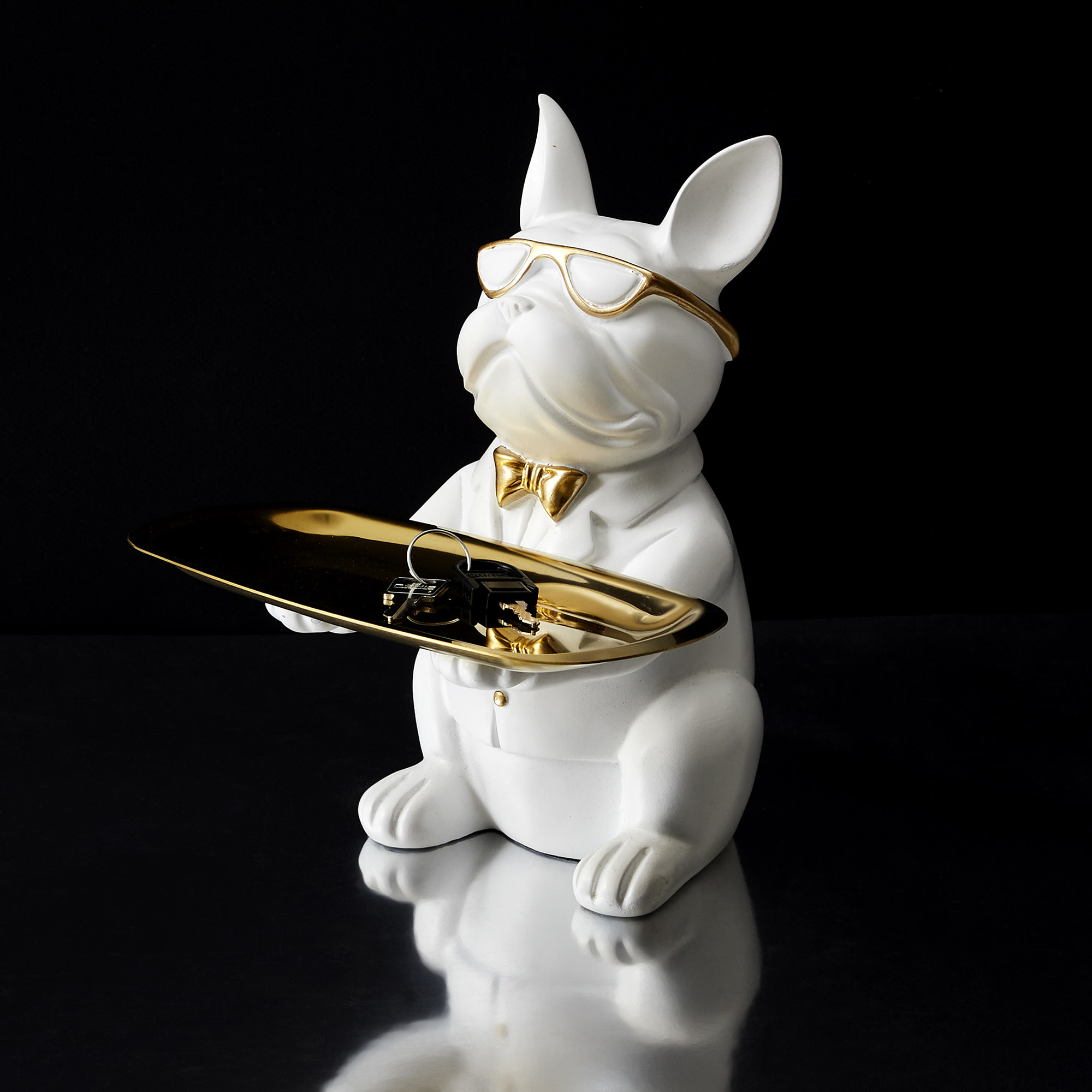 Sculpture Deco Bulldog Blanc Vide Poche 21cm