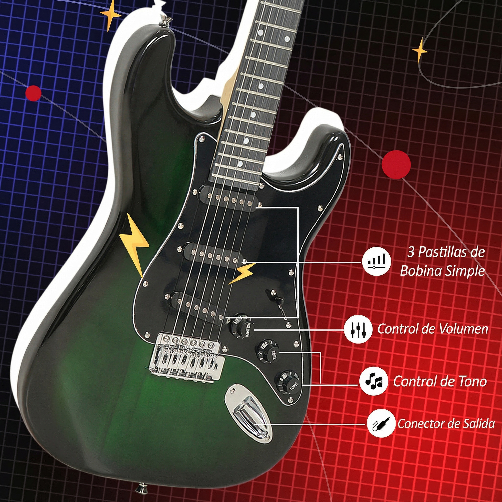 Kit Guitarra Eléctrica de Iniciación, Guitarra Eléctrica con Amplificador de 15W, Afinador Digital, Cuerdas, Correa, 3 Púas y Funda de Transporte, para Adultos, Adolescentes, Negro
