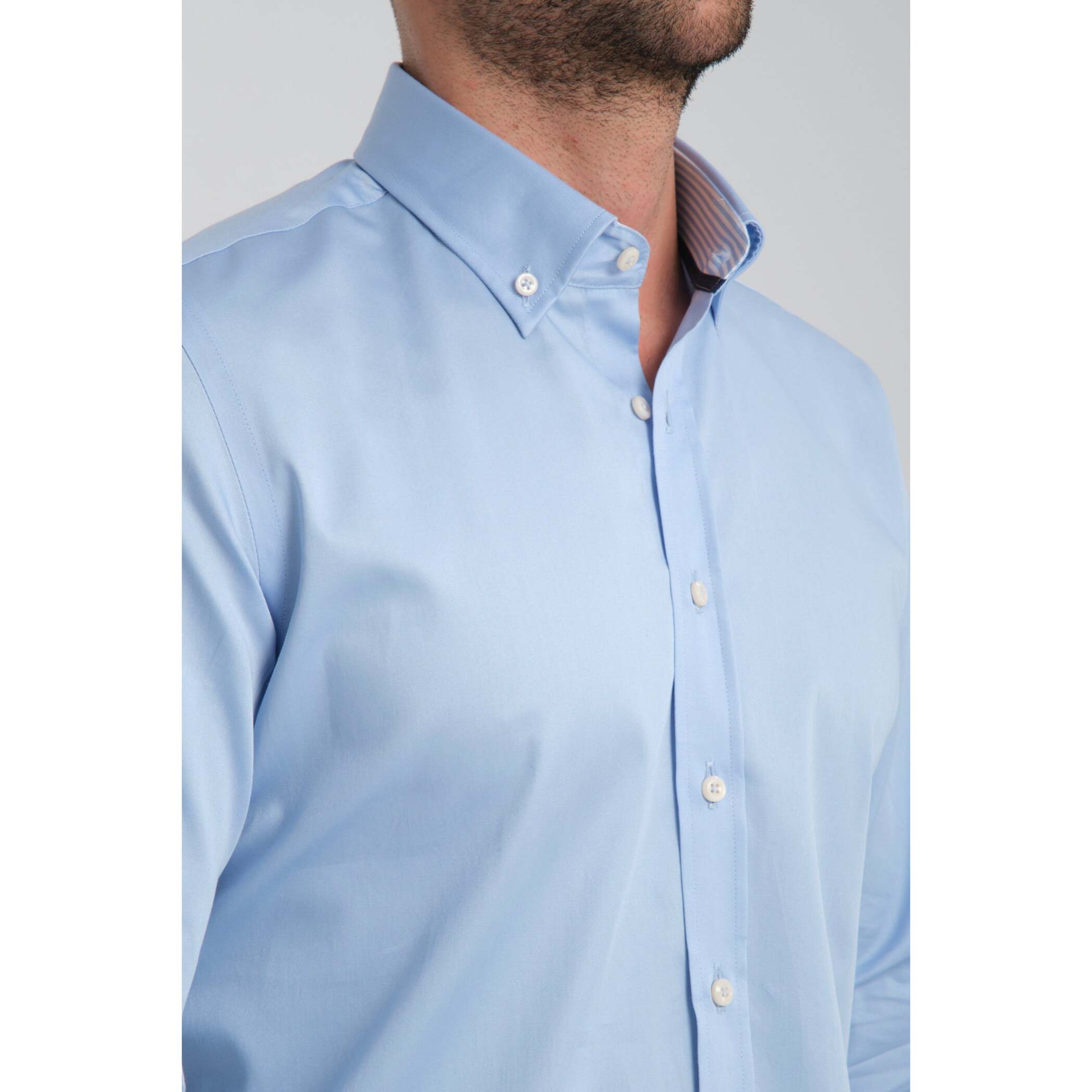 camicia uomo 1 bottone button down slim Satin Unito Celeste