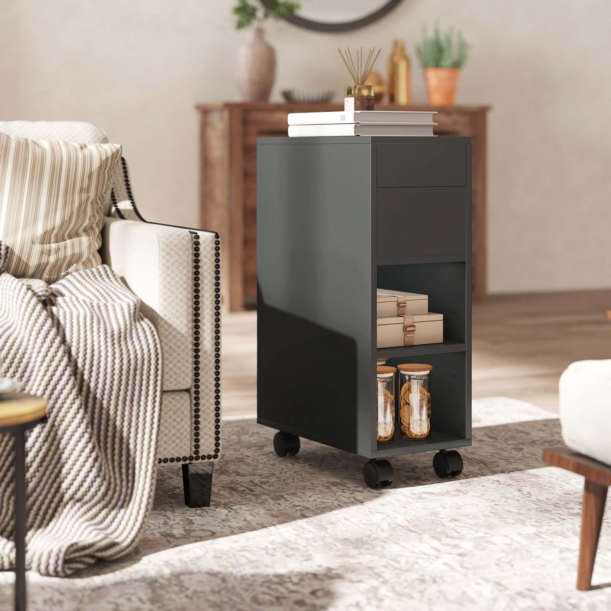 Mesa Auxiliar con Encimera Deslizante y Ruedas, Mesita Auxiliar con Almacenamiento Oculto y Estante Ajustable, para Salón, Dormitorio, Negro