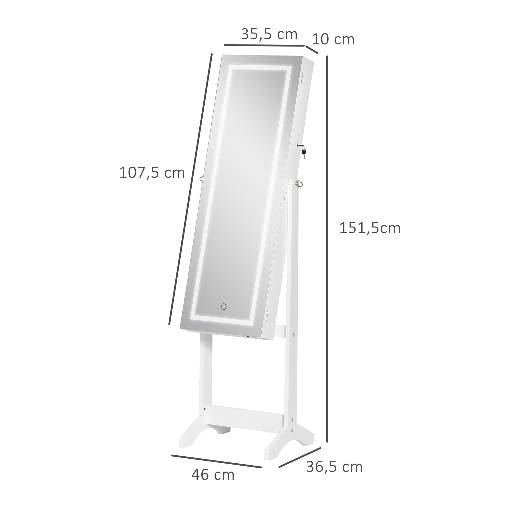 Armoire à bijoux sur pied multi-rangement avec miroir LED MDF blanc