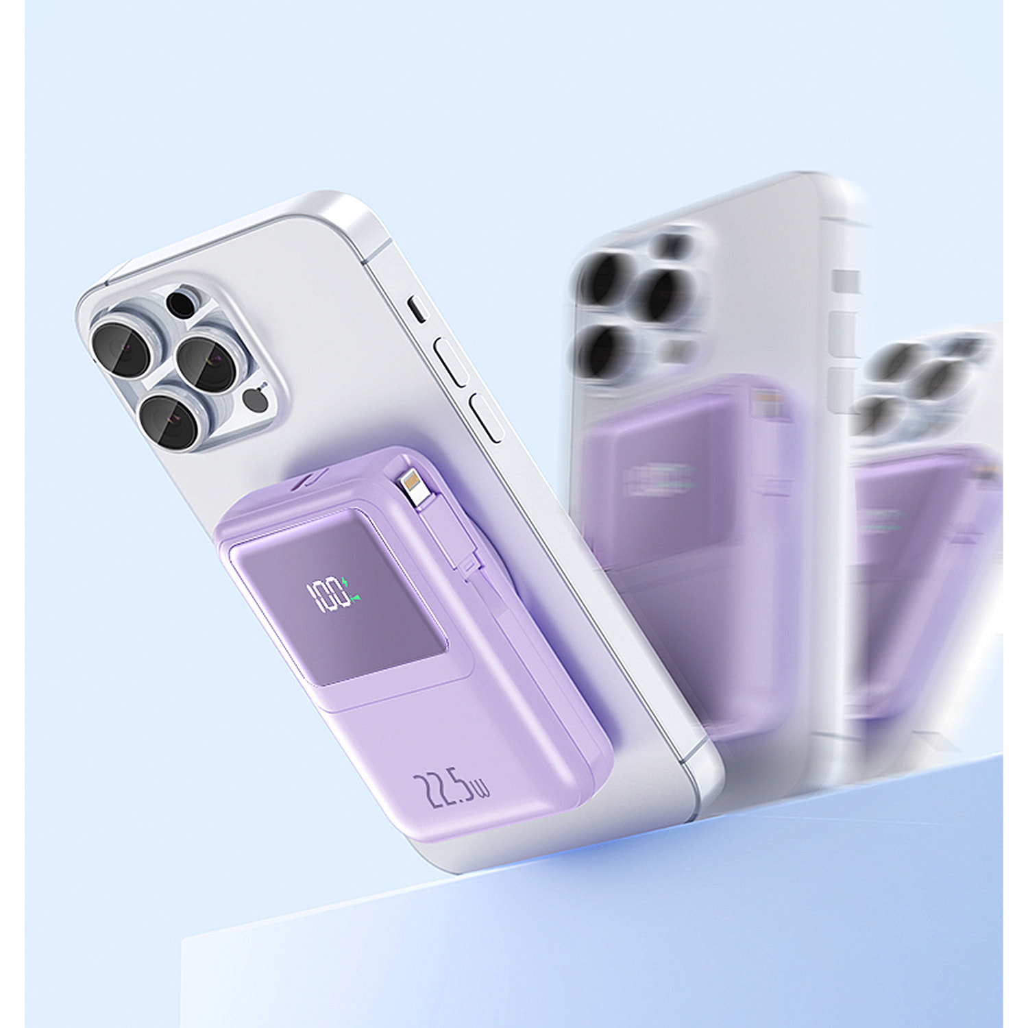 Powerbank 10.000mAh con ricarica veloce PD22,5W e ricarica wireless da 15W. Cavi USB-C e Lightning integrati. Display LED di carica.