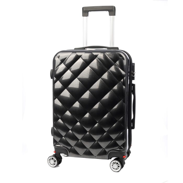 DAM Valigia da cabina Trolley in materiale leggero in ABS + PC ad alta resistenza. Chiusura numerica e 4 ruote doppie estraibili e girevoli a 360°. 37x24x56 Cm. Colore: Nero
