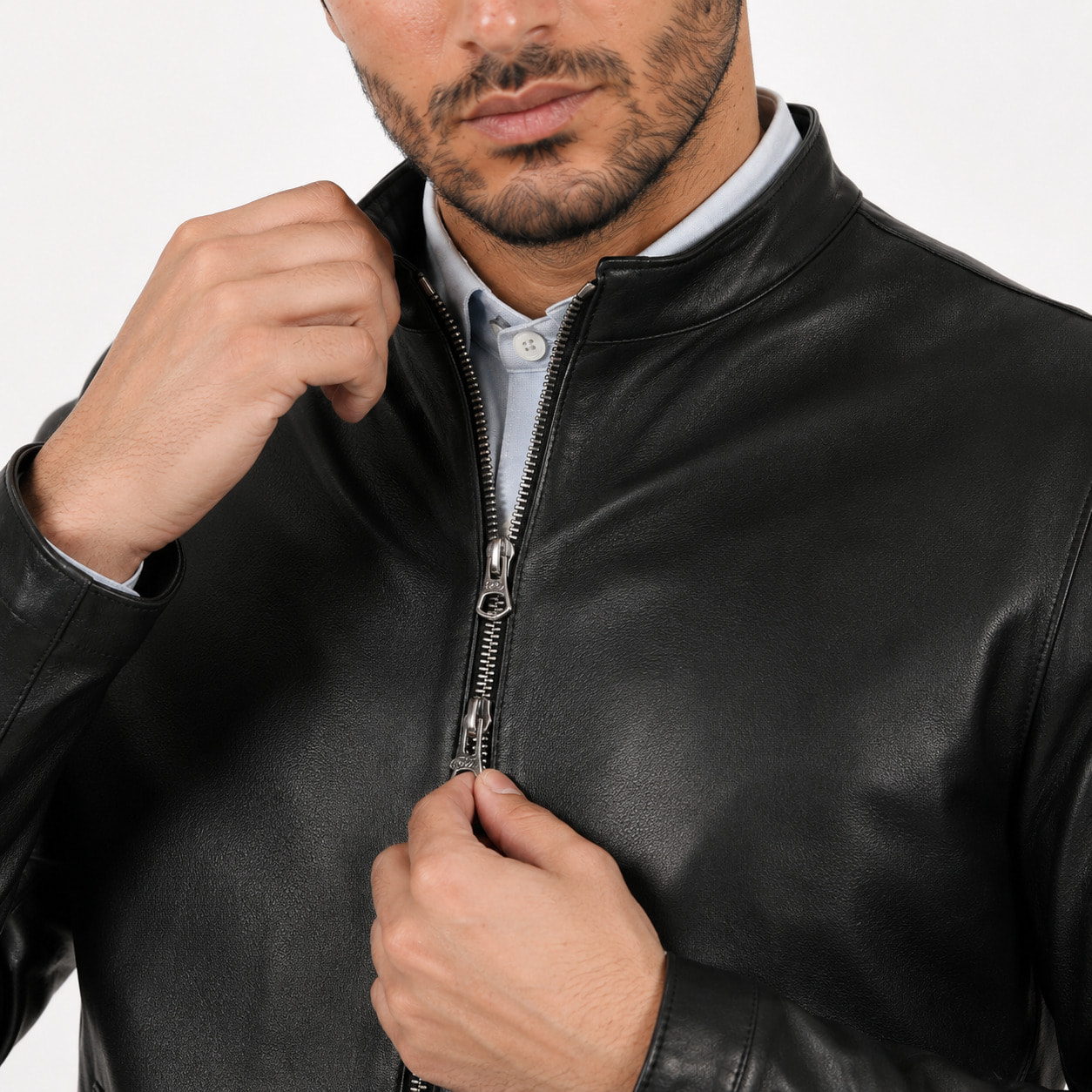 Giubbino in pelle di vitello nappa Nero-Slim Fit