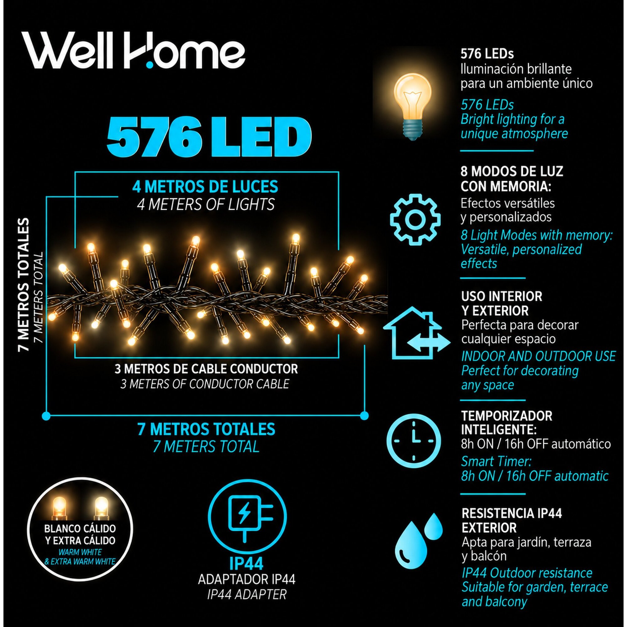 Guirnalda de 576 Luces LED Blanco cálido y extra cálido con Controlador de 8 funciones y Temporizador - 4 metros