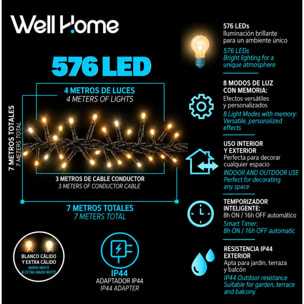 Guirnalda de 576 Luces LED Blanco cálido y extra cálido con Controlador de 8 funciones y Temporizador - 4 metros