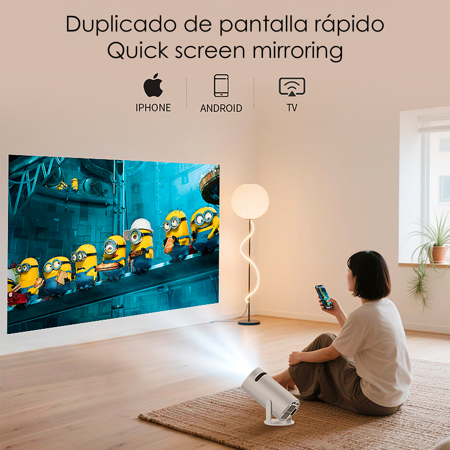 Proyector LCD HY300 soporte de 4K UHD, color DCI-P3 98%, WiFi 6 y anti-glare. De 30 a 300 pulgadas, 120 lm, 200000:1. Con mando a distancia.