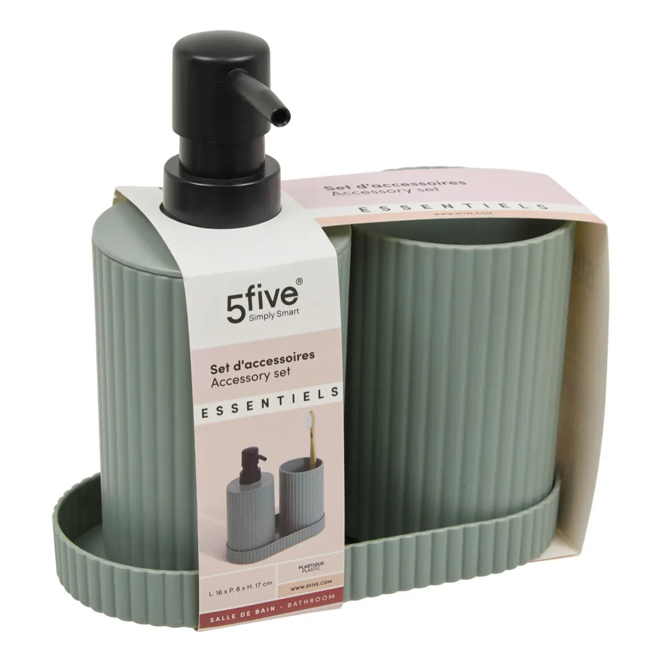 Lot distributeur de savon et gobelet strié vert