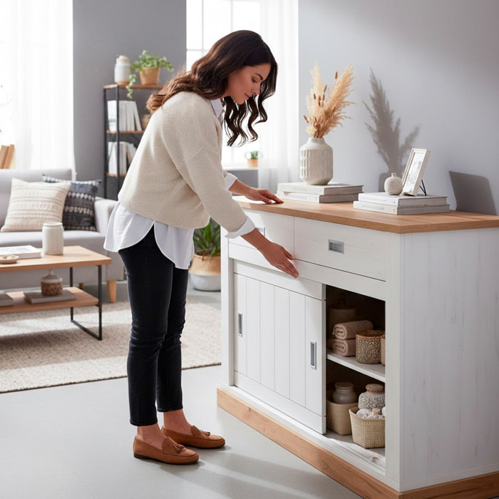 Madia Credenza Mobile Soggiorno Con 2 Cassetti E 2 Ante Scorrevoli 4 Ripiani Interni Design Minimal Shabby 150 x 50 x 95.5 Cm Colore Bianco E Rovere