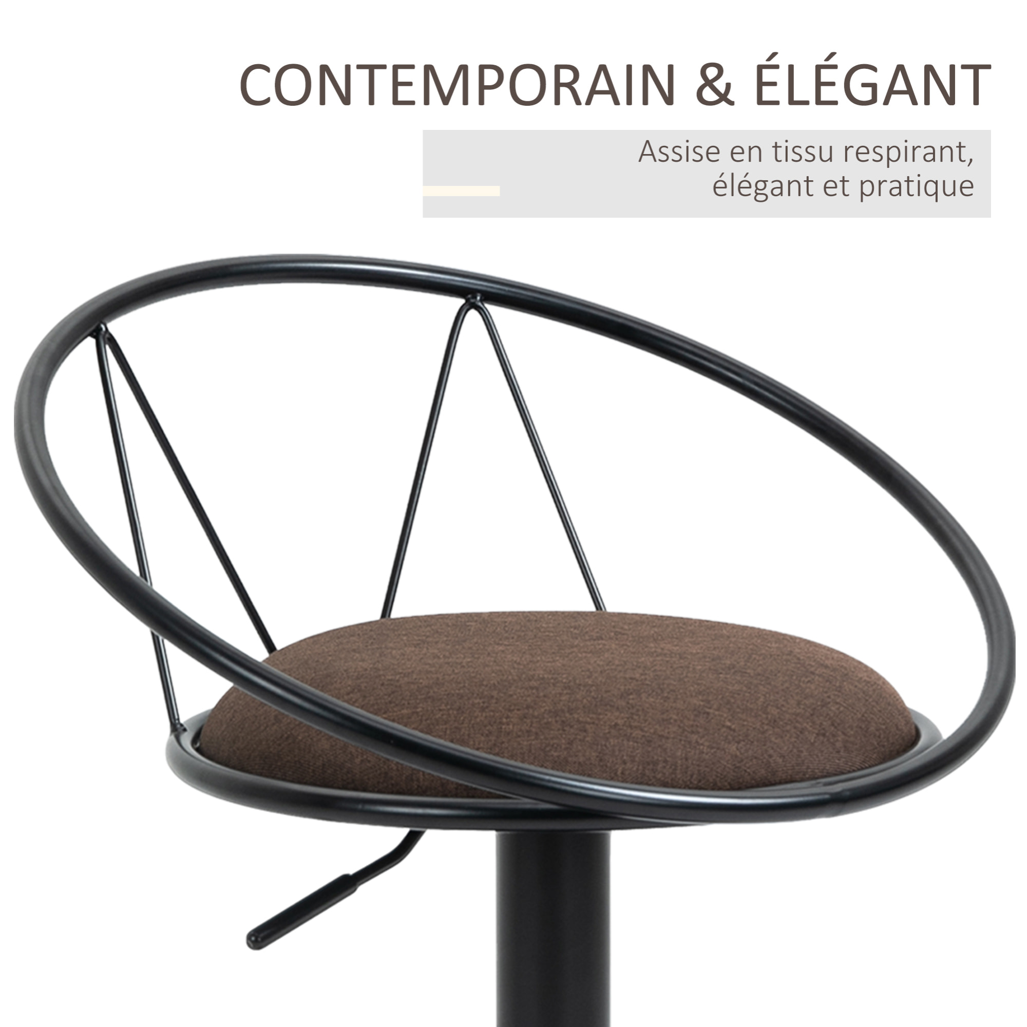 Lot de 2 tabourets de bar design néo-rétro réglable pivotant avec repose-pied métal noir lin marron