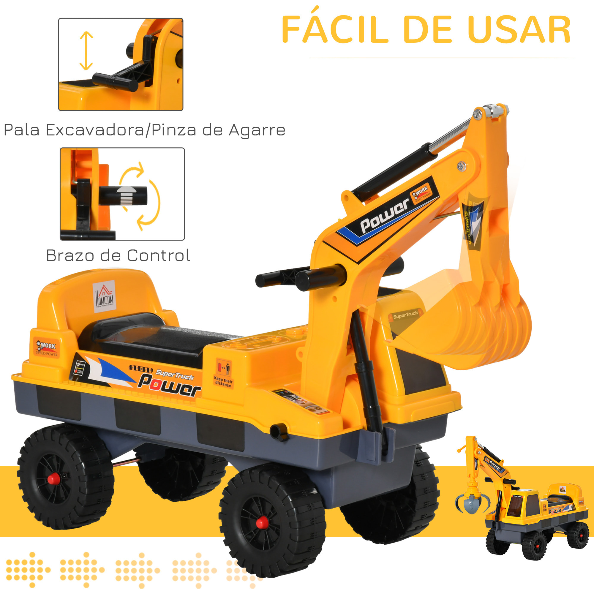 Tractor sin Pedales para Niños de 2-3 Años Excavadora Correpasillos con Pala Delantera Luces Música y Espacio de Alamcenaje Oculto 90x28x58 cm Amarillo