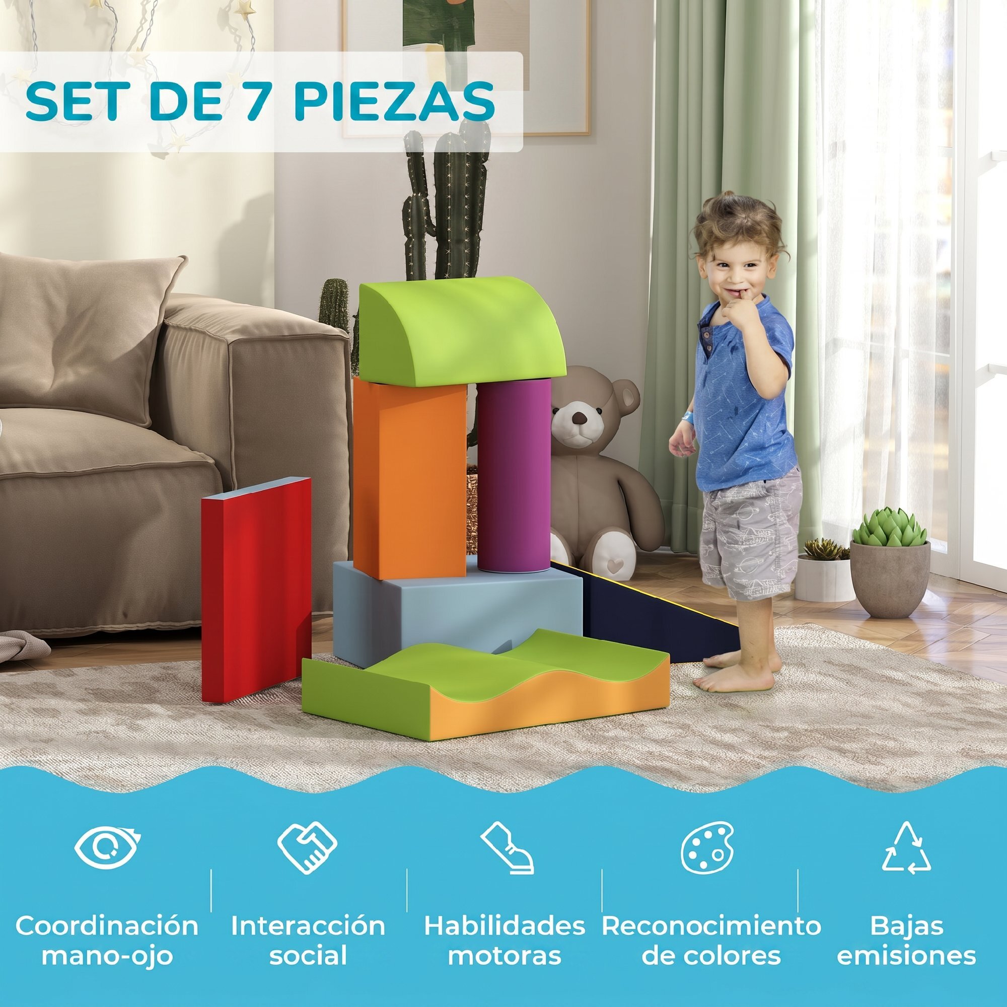 HOMCOM Juego de 7 Bloques de Espuma para Niños de 1-3 Años Bloques Psicomotricidad Figuras de Construcción para Escalar y Gatear Multicolor