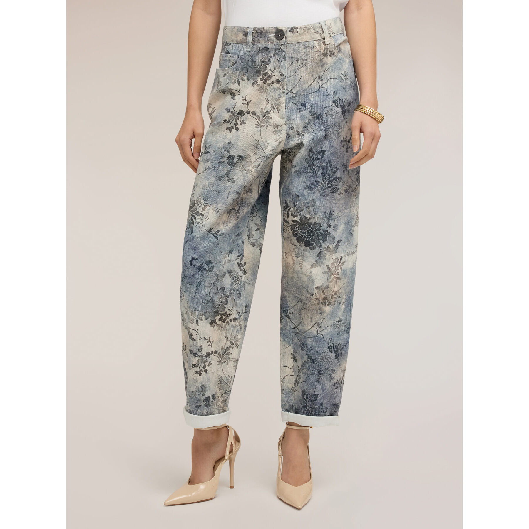 Motivi - Pantalones boyfit en drill de algodón estampado - Light - blue